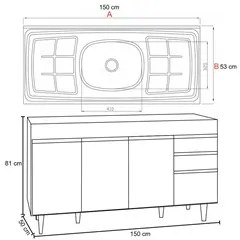 Balcão Gabinete com Pia Inox 150cm 4 Portas 2 Gavetas Marrocos Preto -