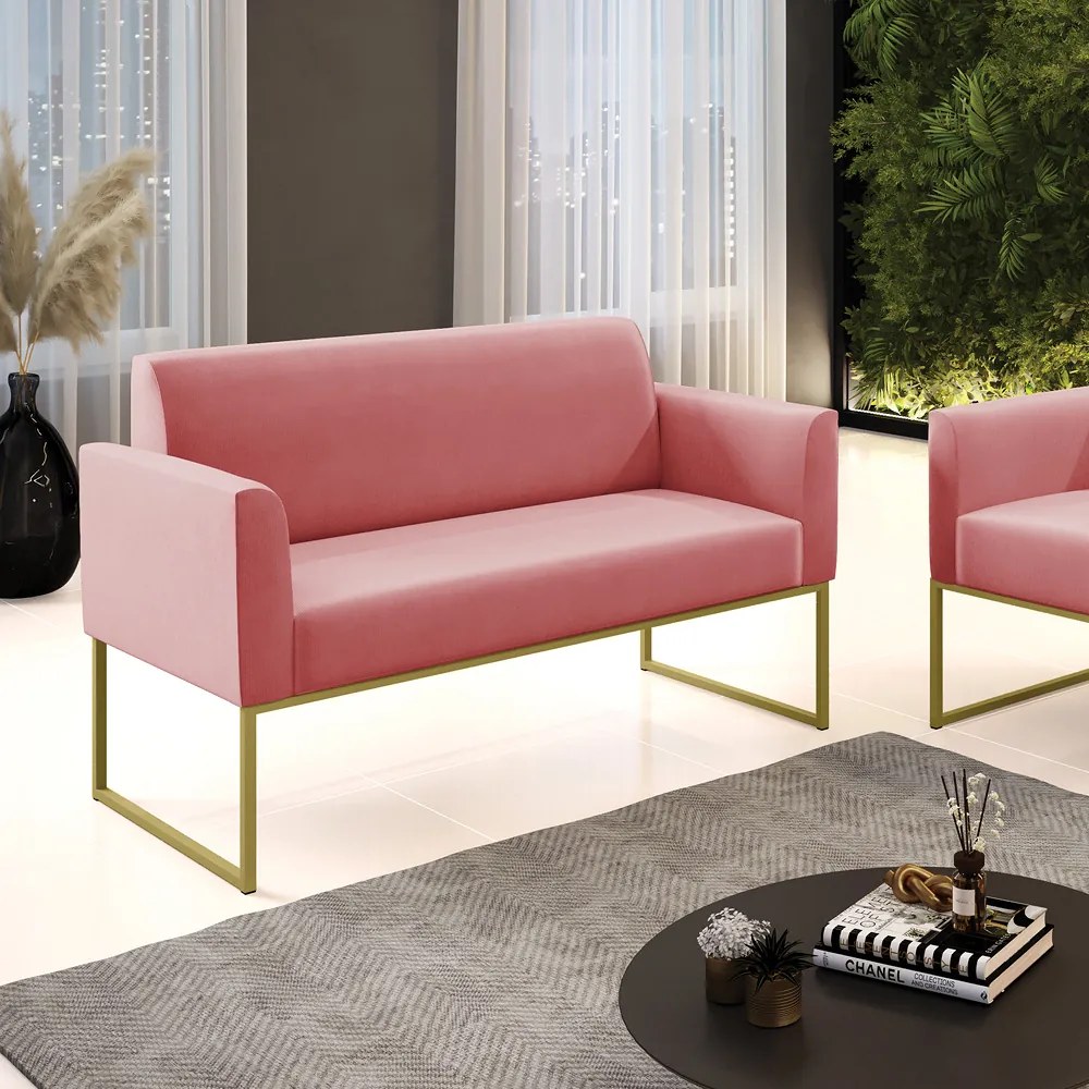 Sofá Namoradeira Base Industrial Dourado Marisa Suede Rosê D03 - D'Rossi