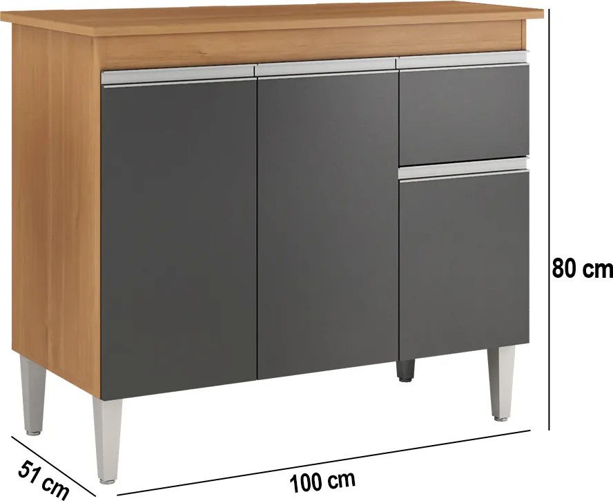 Balcão Cozinha com Tampo 100cm 3 Portas Taylla A01 - D'Rossi - Amendoa e Preto