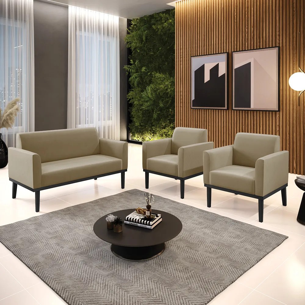 Sofá Namoradeira com 2 Poltronas Base de Madeira Fixa Preto Marisa Suede - Marrom Rato