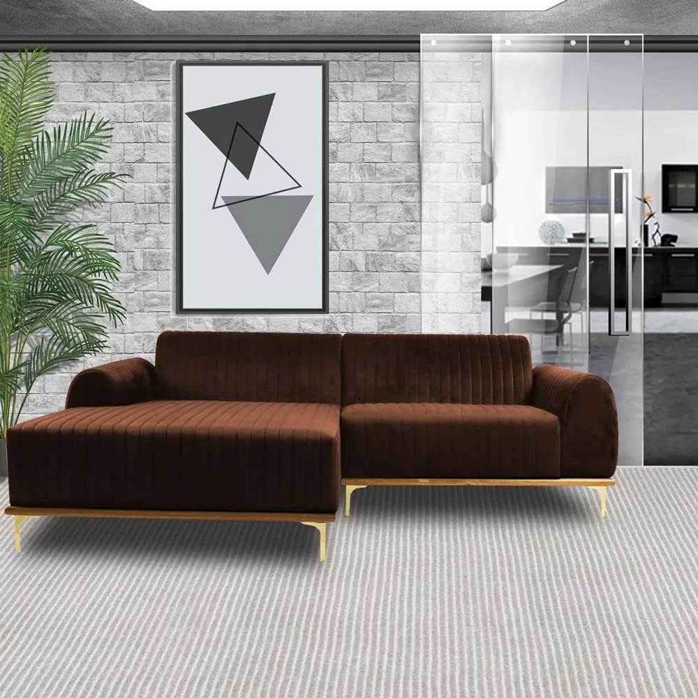 Sofá 3 Lugares Bipartido com Chaise Lado Direito Base de Madeira Euro 245 cm Veludo Marrom G15 - Gran Belo
