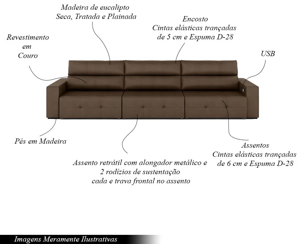 Sofá Retrátil 4 Lugares 284cm 3 Módulos Nero com USB Couro Cappuccino G52 - Gran Belo