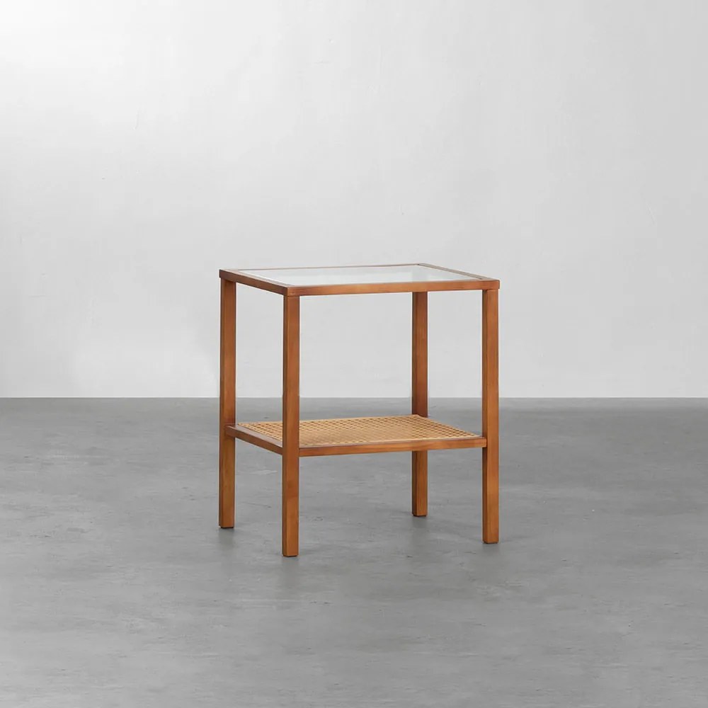 Mesa de Cabeceira Zia 1 Prateleira Palha Natural Canela Tampo Vidro Incolor - 43cm