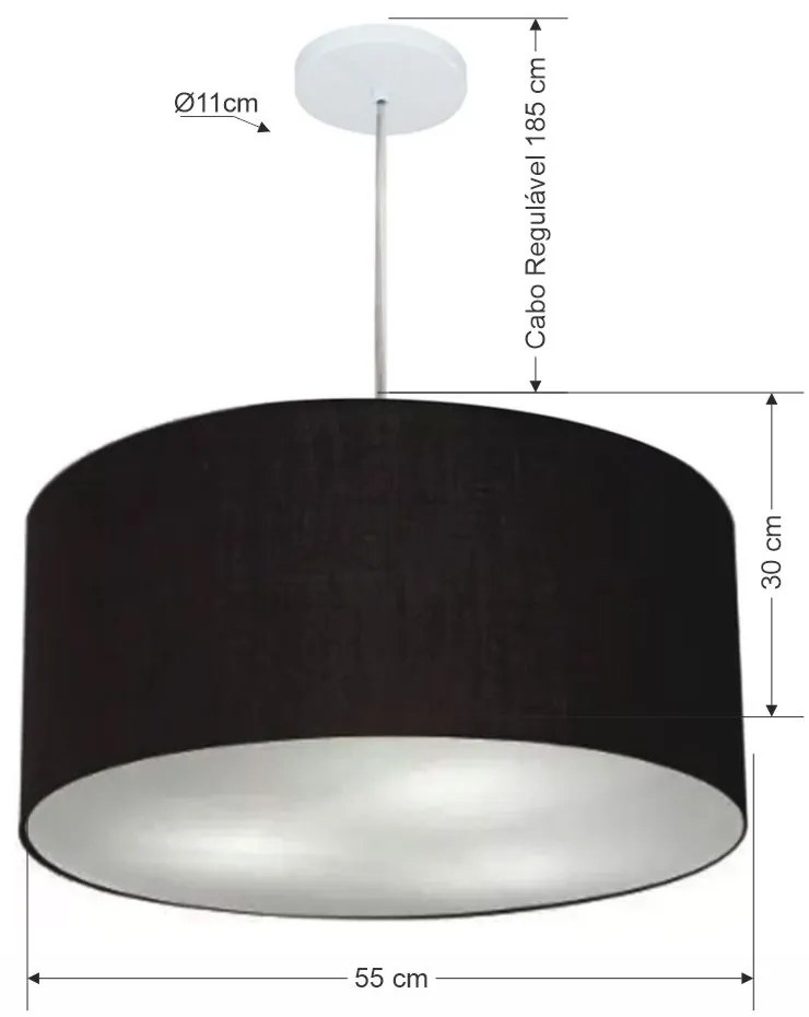 Lustre Pendente Cilíndrico Md-4215 Cúpula em Tecido 55x30cm Preto - Bivolt