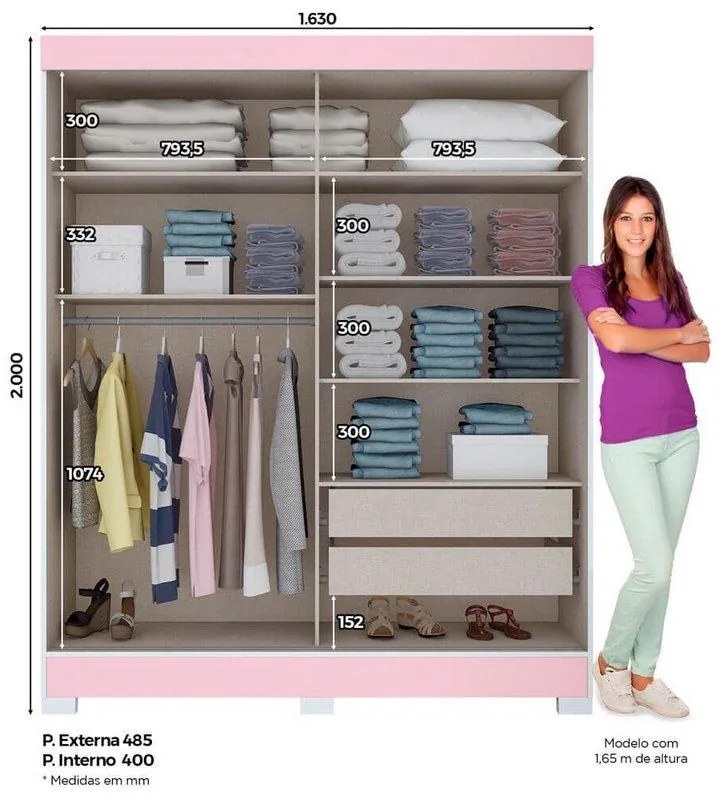 Roupeiro Briz 2 Portas Deslizantes 2 Gavetas - Branco / Rosa Chá