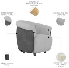 Poltrona Sala de Estar Pé Madeira Lykan Linho Cinza/Preto Z32 - Mpozen