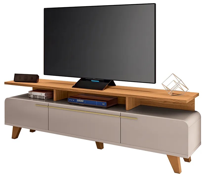 Bancada Decorativa Riven TV até 70 Pol MDP/MDF Pés de Madeira Off White/Cinamomo G26 - Gran Belo