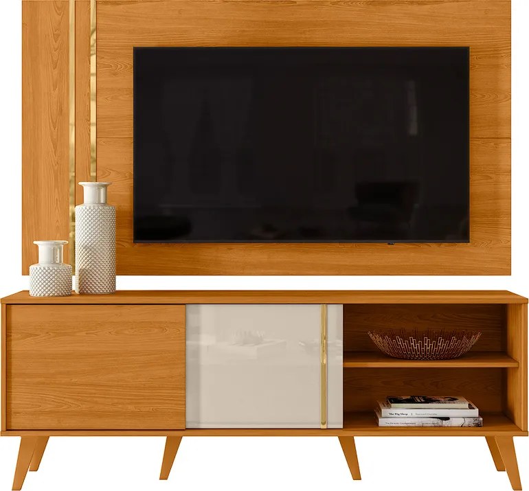 Painel TV 60 Pol 160cm com Rack Bancada para Sala Hylon Cinamomo/Off White M20 - D'Rossi