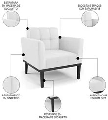 Sofá Namoradeira e 1 Poltrona Base Madeira Preto Ana Sintético Branco