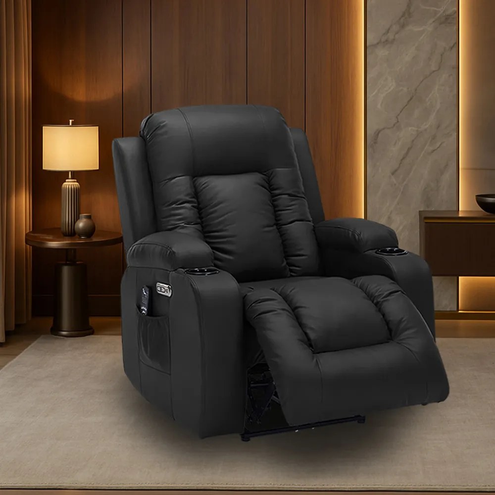Cadeira Poltrona do Papai Elétrica Reclinável Austin Massagem e Aquecimento com Porta Copos Entrada USB/USB-C PU Preto G94 - Gran Belo