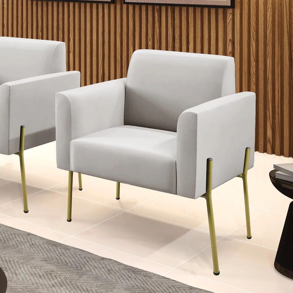 Poltrona Sala Decorativa Pé de Ferro Dourado Marisa Veludo D03 - D'Rossi - Cinza