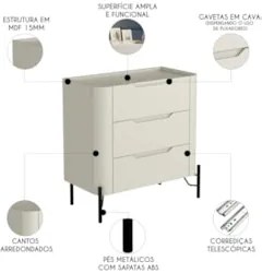 Mesa Cabeceira Quarto 68cm 3 Gavetas Blen Luna/Preto I06 - Mpozenato