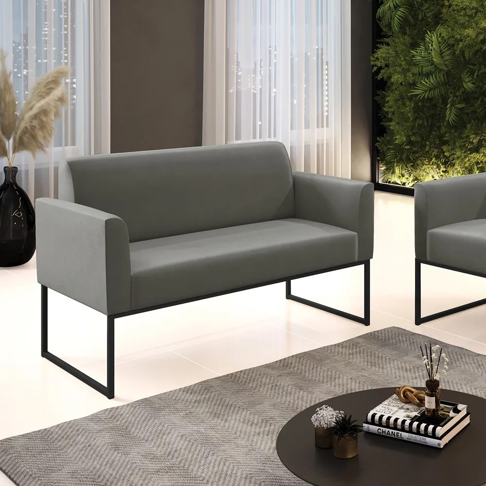Sofá Namoradeira Base Industrial Preto Marisa Suede Grafite D03 - D'Rossi