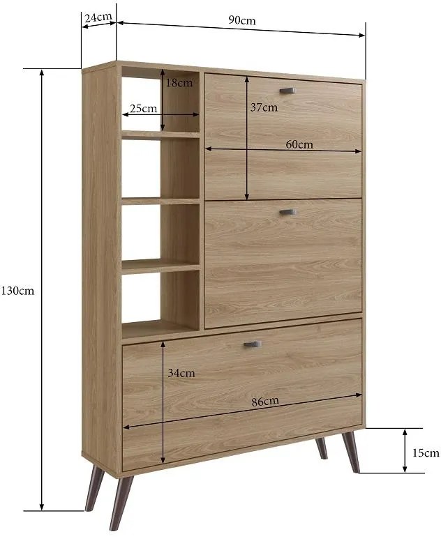 Sapateira Estante Retrô com 3 Portas e 4 Prateleiras 18 pares Oak