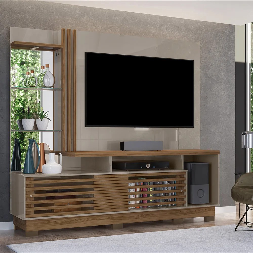 Estante de TV 60 Pol 200cm com Pé Sala de Estar Lumari M20 - D'Rossi - Fendi e Naturale