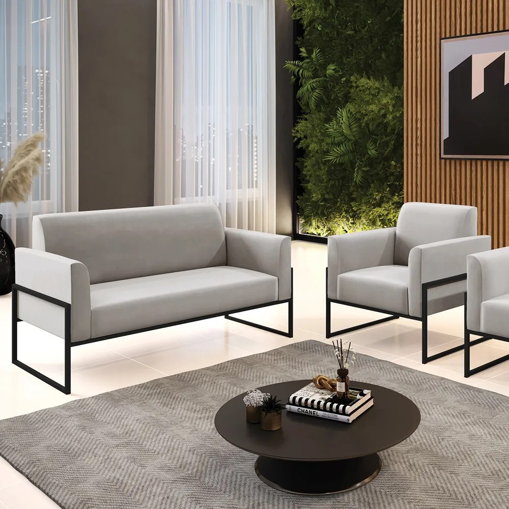 Sofá Namoradeira com Poltrona Base Industrial Alta Preto Marisa Veludo D03 - DRossi - Cinza