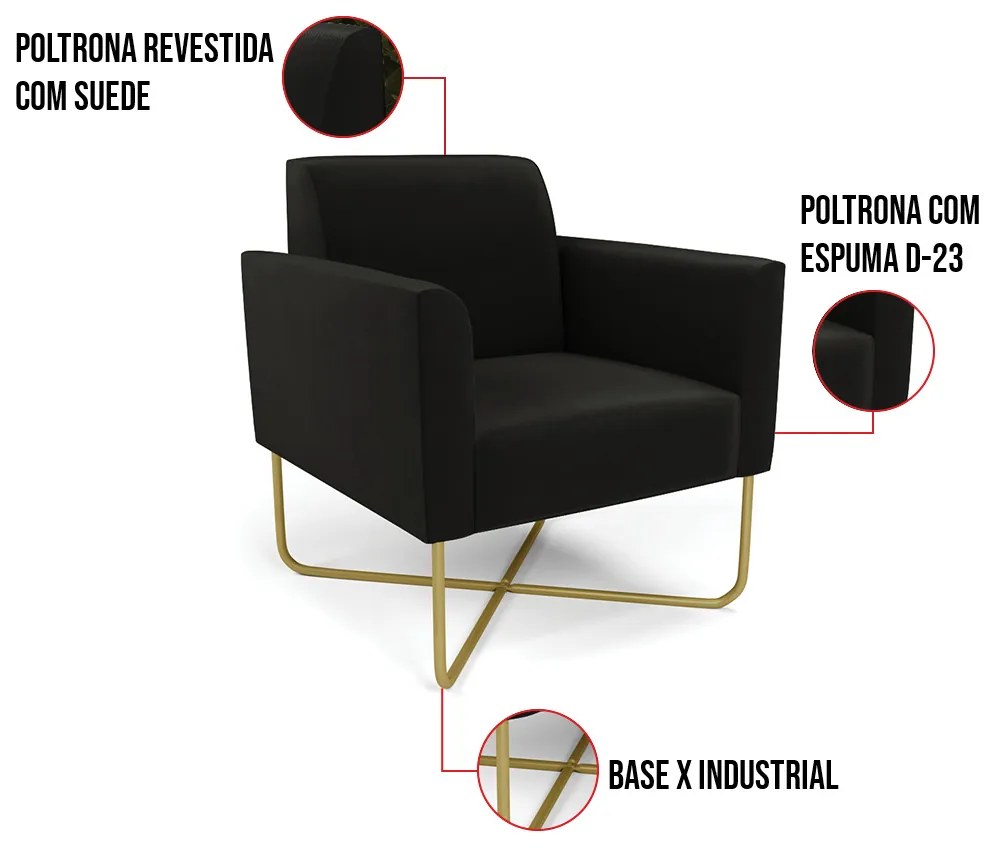 Kit 2 Poltronas Base X Industrial Dourado Marisa Suede - Preto