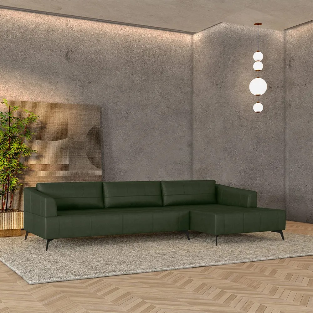 Sofá Bipartido Sala de Estar Kiara 332cm Chaise Direito Pés de Ferro Couro Verde Manchado G52 - Gran Belo