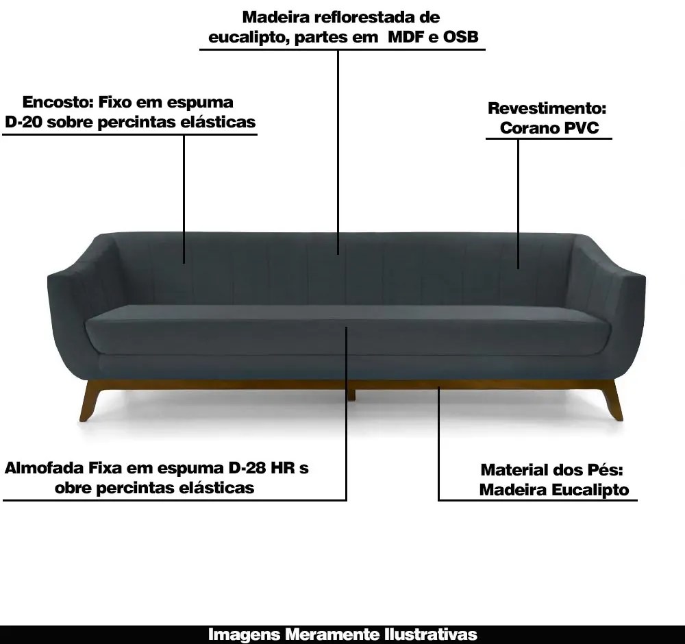 Sofá 3 Lugares Boomer 210cm PU Sintético Cinza G15 - Gran Belo