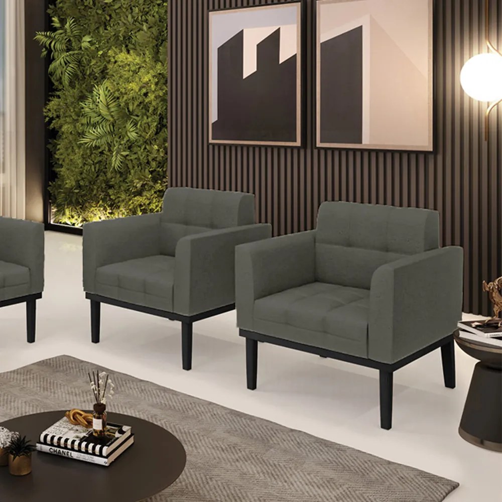 Kit 2 Poltronas Decorativas Karen Pés Fixo em Madeira Preto Linho Cinza Mesclado G19 - Gran Belo