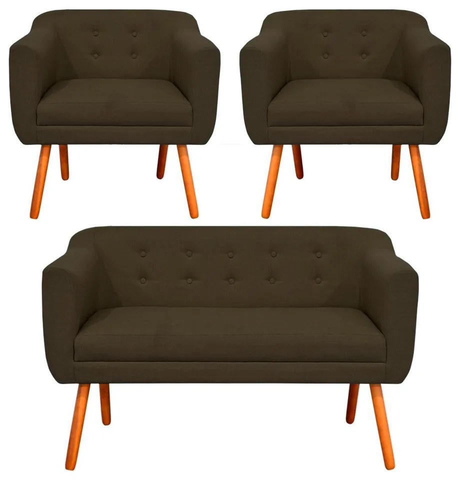 Kit 01 Namoradeira e 02 Poltronas Julia Linho Pés Palito Castanho D01 - D'Rossi - Marrom A78