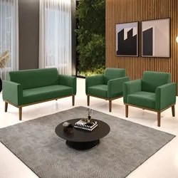 Sofá Namoradeira e 2 Poltronas Base Madeira Castanho Maressa Suede Ver