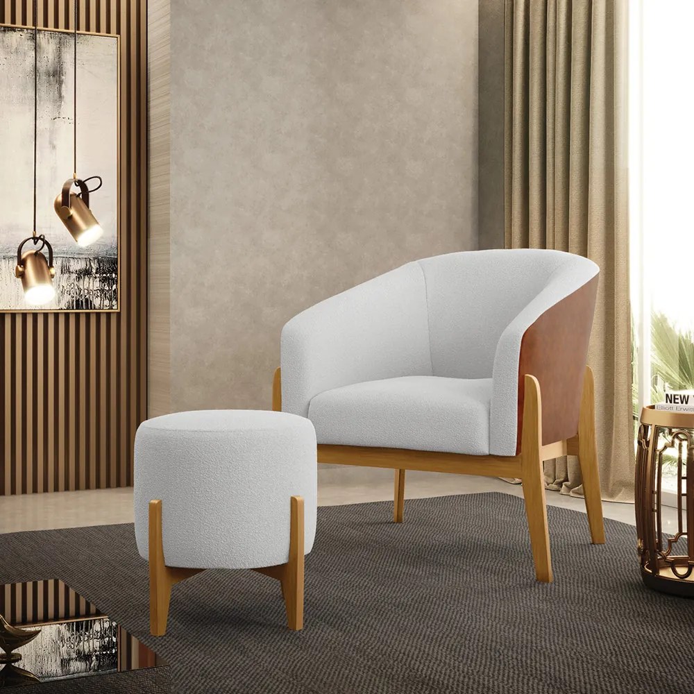 Poltrona e Puff Decorativo Base Madeira Stella PU Nozes/Bouclê D03 - D'Rossi - Off White