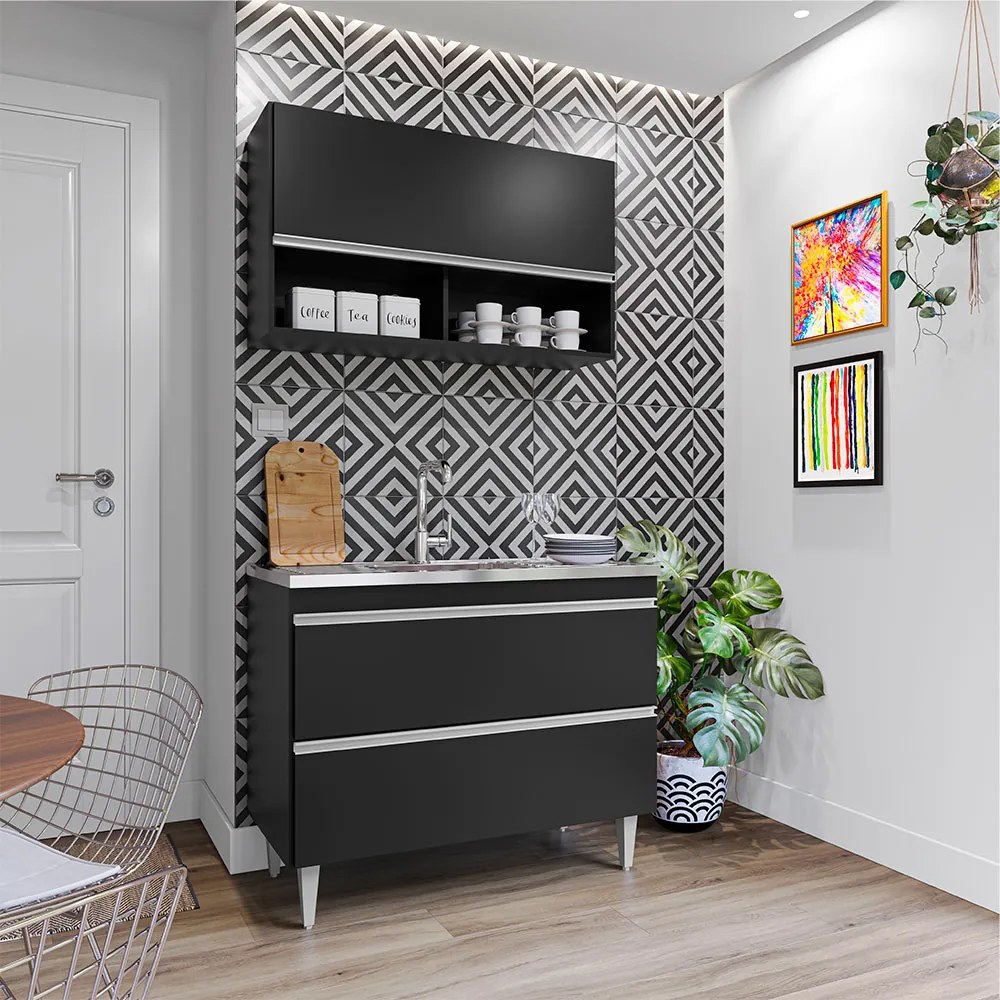 Conjunto Balcão de Cozinha Armário Aéreo Wollo MDP/BP Preto G96 - Gran Belo