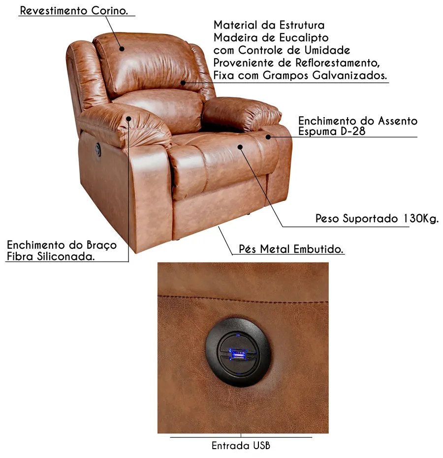 Poltrona do Papai Reclinável Elétrica com Entrada USB Magnum PU Sintético Marrom G23 - Gran Belo