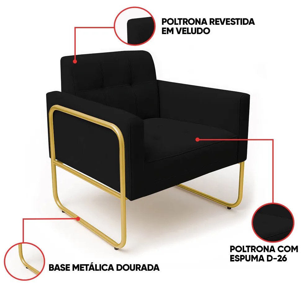 Poltrona Sala Industrial Alta Tubo Dourado Elisa Veludo D03 - D'Rossi - Preto