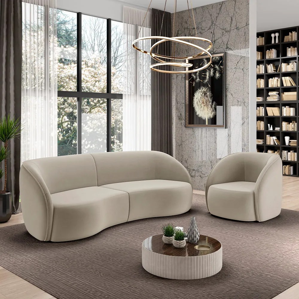Conjunto Sofá Sala de Estar Bipartido 240cm e Poltrona Clarke Veludo Bege G45 - Gran Belo