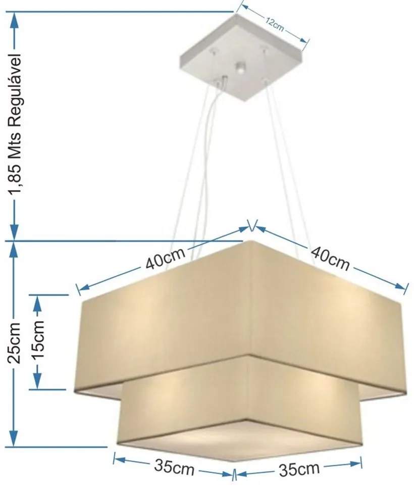 Lustre Pendente Duplo Quadrado Vivare Md-4157 Cúpula em Tecido 40x35cm Algodão Crú - Bivolt