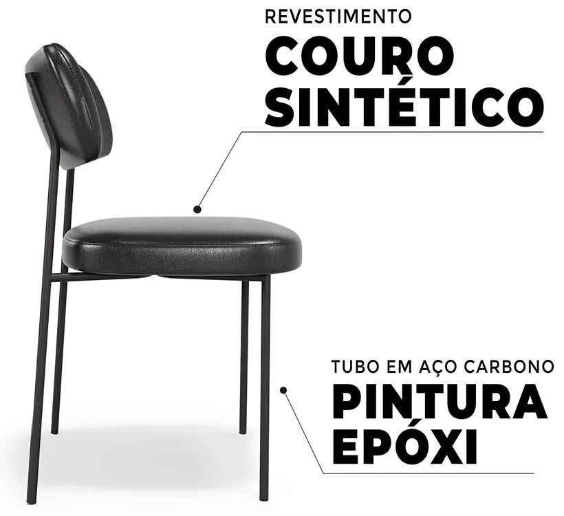 Cadeiras de Jantar Base Ferro Nile kit 2 Sintético PU A08 - D'Rossi - Preto