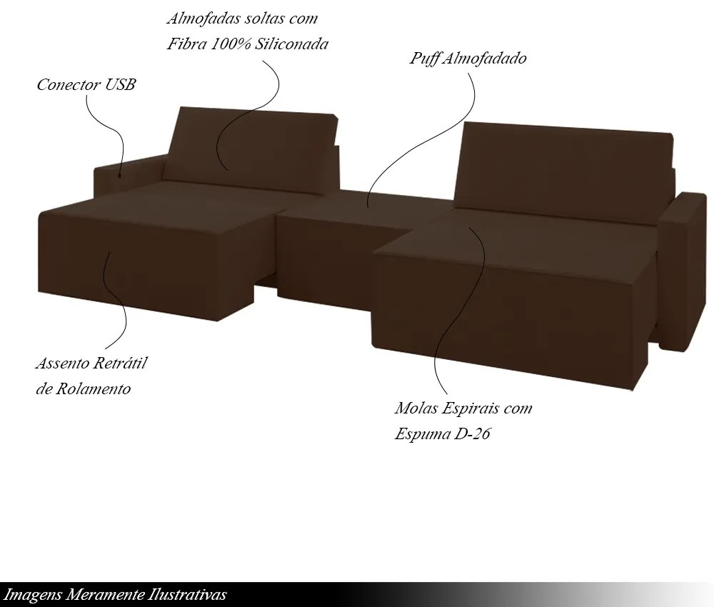 Sofá Retrátil Embutido Modulado com Puff 3 Lugares Xerxes 229cm Veludo Marrom G33 - Gran Belo