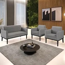 Sofá Namoradeira e 2 Poltronas Base Madeira Preto Maressa Linho Grafit