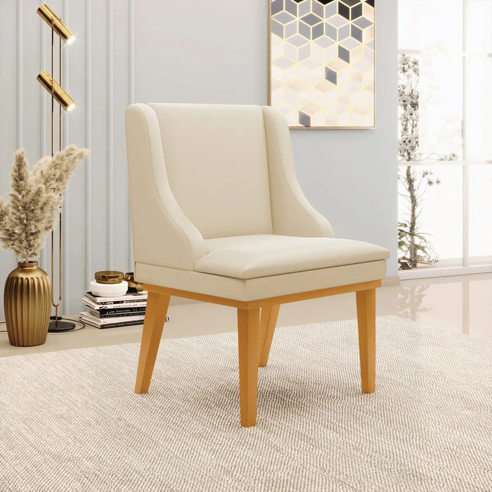 Poltrona Decorativa Base Fixa de Madeira Firenze PU Bege/Castanho G19 - Gran Belo