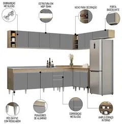 Armário de Cozinha Modulado de Canto 8 Peças CP27 com Pia Inox Castanh
