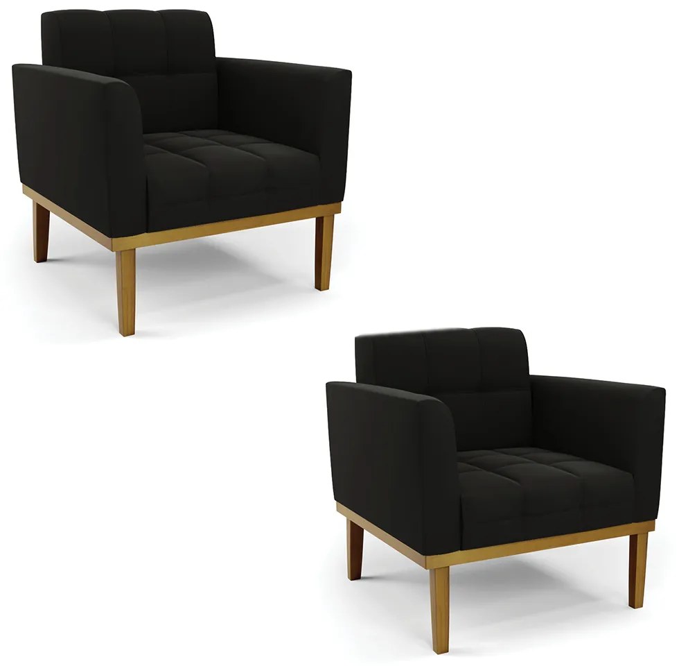 Poltrona Sala Decorativa Kit 2 Elisa Base de Madeira Castanho Suede D03 - D'Rossi - Preto