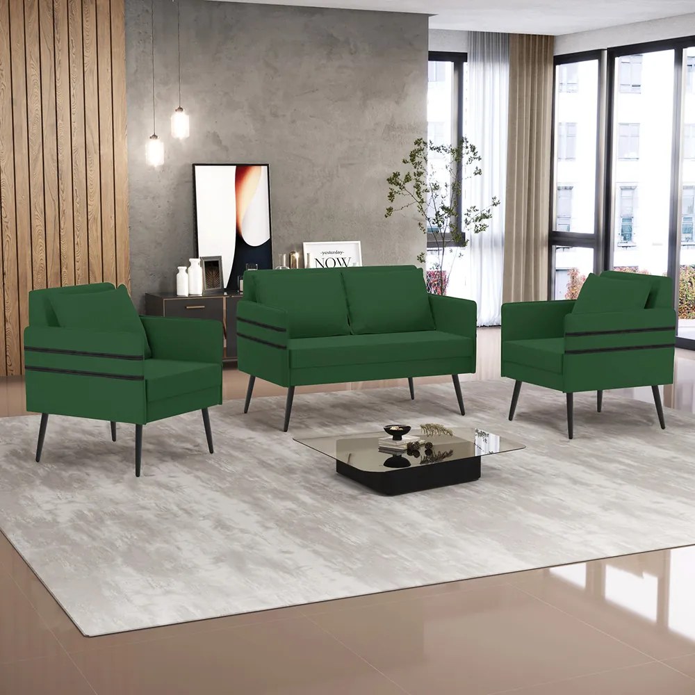 Kit 01 Namoradeira 02 Lugares e 02 Poltronas Mari Veludo Verde Pés Palito de Ferro