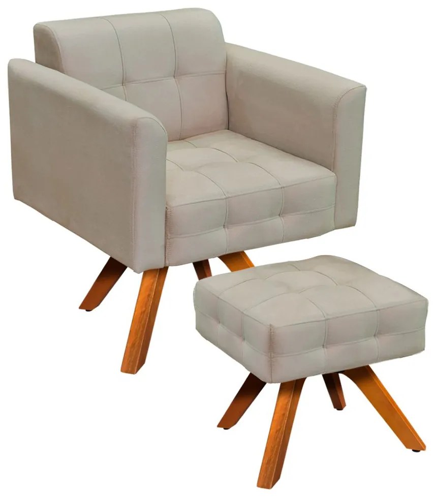 Kit 01 Poltrona Giratória e 01 Puff Elisa Suede Base Madeira MM30 D03 - D'Rossi - Bege