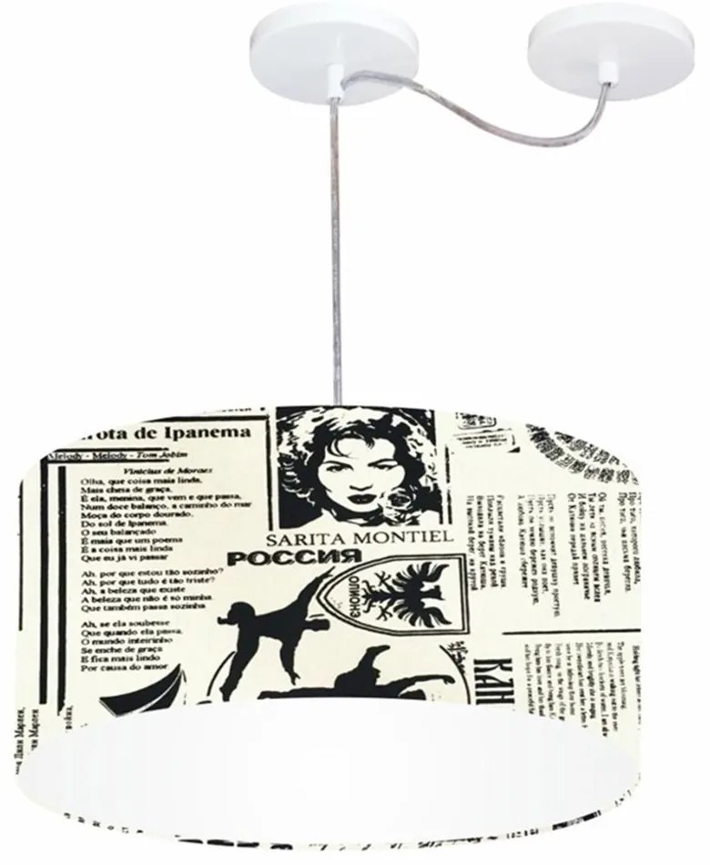 Lustre Pendente Cilíndrico Com Desvio De Centro Md-4151 Cúpula em Tecido 50x25cm Ny-Jornal - Bivolt