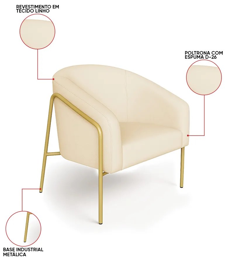 Poltrona Sala Industrial Alta Dourado Kit 2 Stella Linho D03 - D'Rossi - Bege