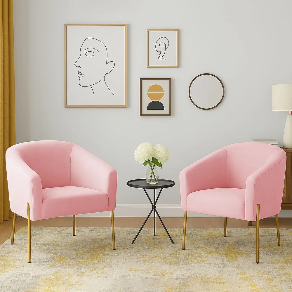 Poltrona Decorativa Pé de Ferro Dourado Kit 2 Stella Suede D03 - D'Rossi - Rosa Bebê