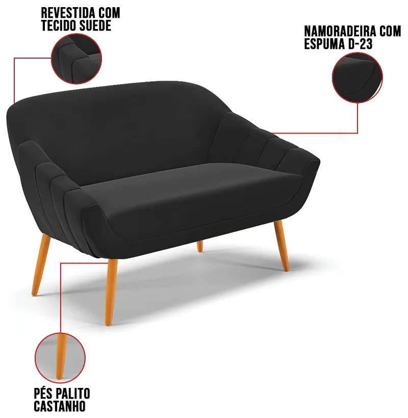 Namoradeira 02 Lugares Giovana Suede Pés Palito Castanho D03 - D'Rossi - Preto