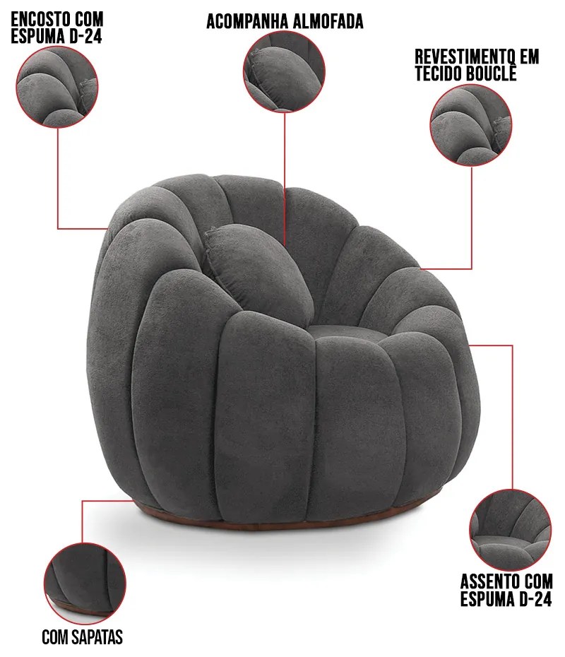 Poltrona Decorativa Orgânica Fixa Cloud Bouclê E03 - D'Rossi - Cinza escuro