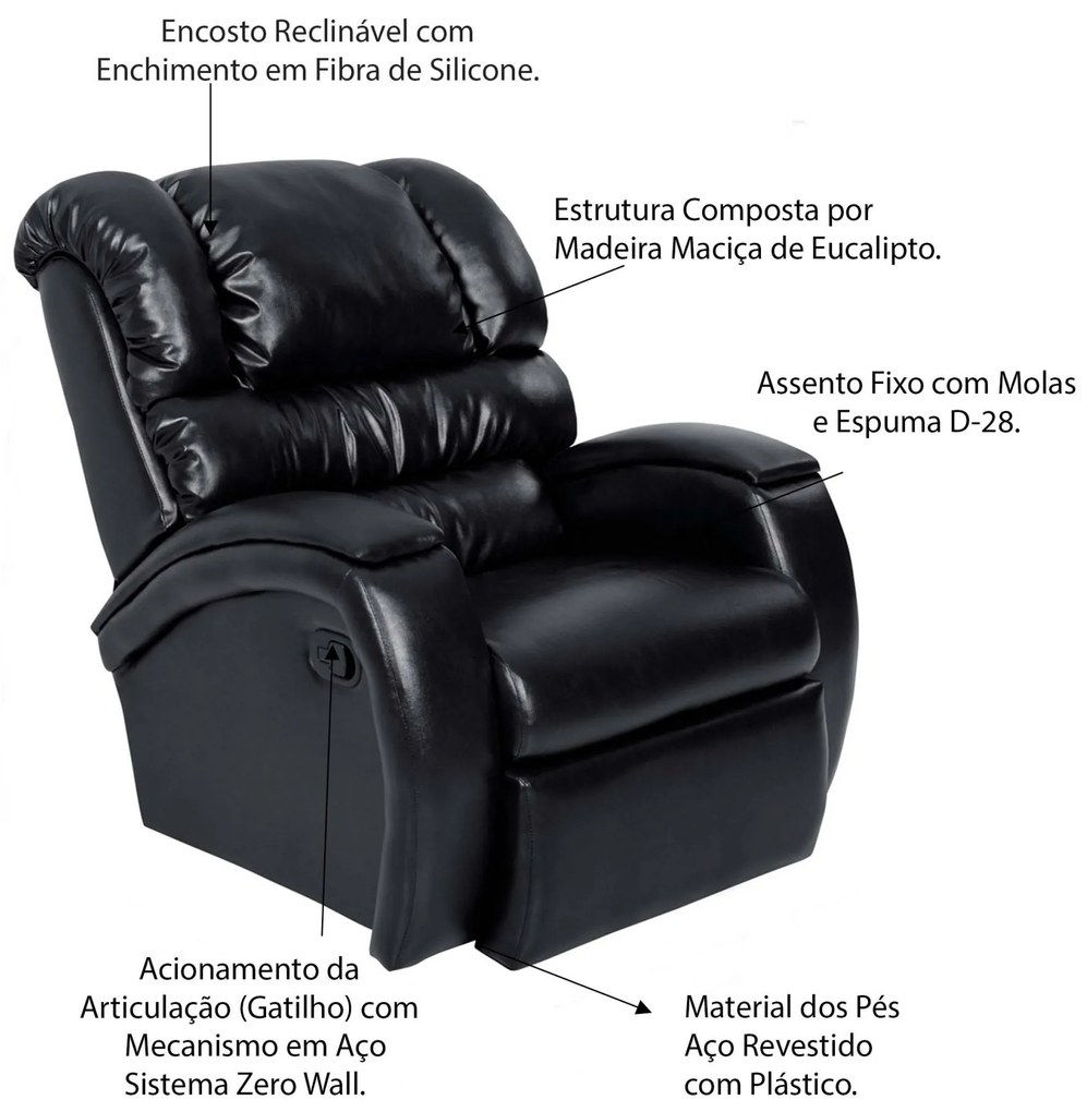 Poltrona do Papai Reclinável Zero Wall com Gatilho Oasis PU Sintético Preto Brilho G23 - Gran Belo