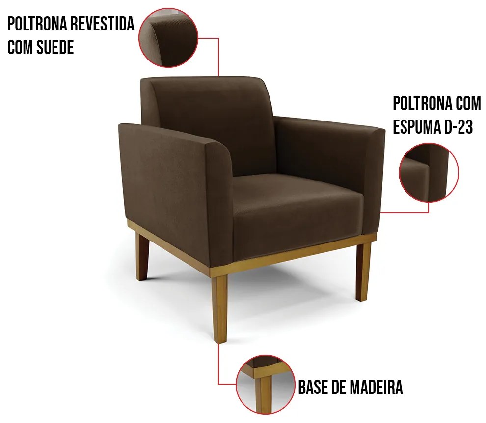 Kit 2 Poltronas Base de Madeira Fixa Castanho Marisa Suede D03 - D'Rossi - Marrom