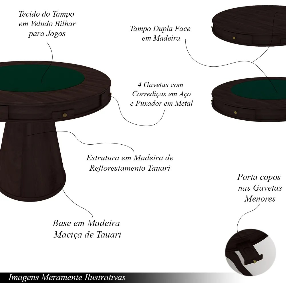 Conjunto Mesa de Jogos Carteado Bellagio Tampo Reversível Verde e 4 Cadeiras Madeira Poker Base Cone Linho OffWhite/Tabaco G42 - Gran Belo