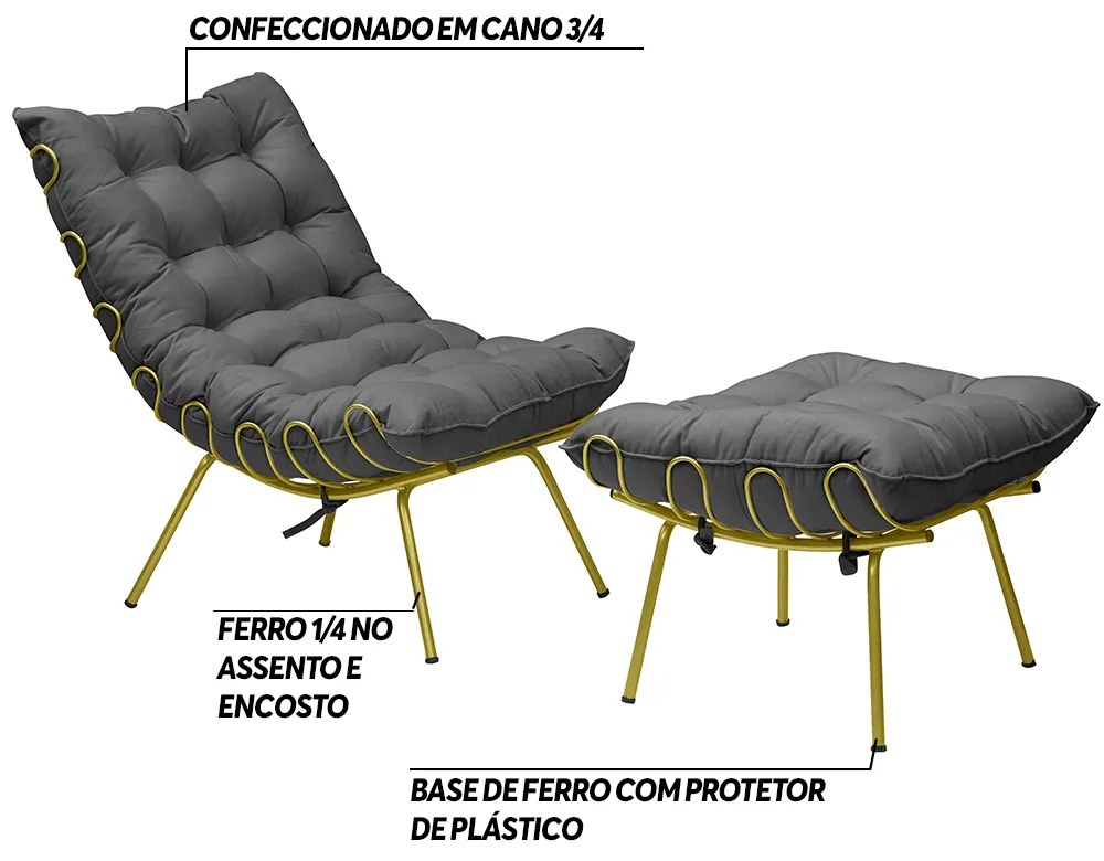 Conjunto Decorativo Poltrona e Puff Abel Base de Ferro Dourada Suede Cinza G41 - Gran Belo
