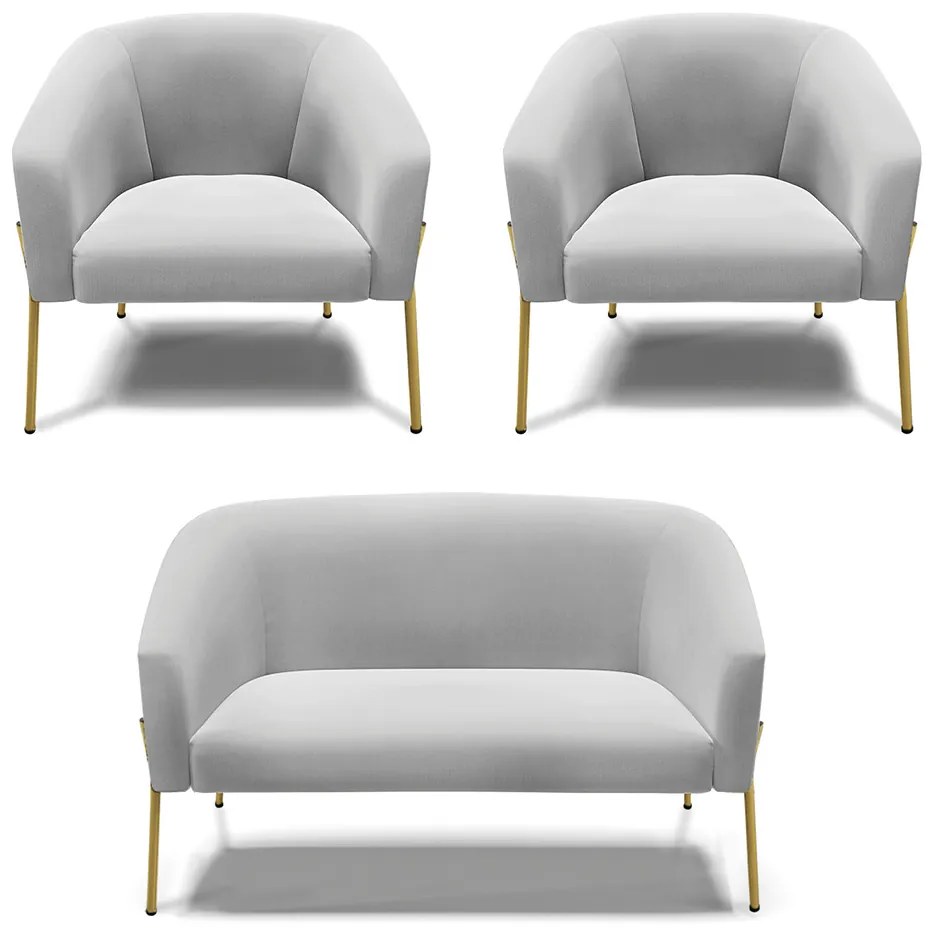 Namoradeira e 2 Poltronas Pé de Ferro Dourado Stella Suede D03 - D'Rossi - Cinza